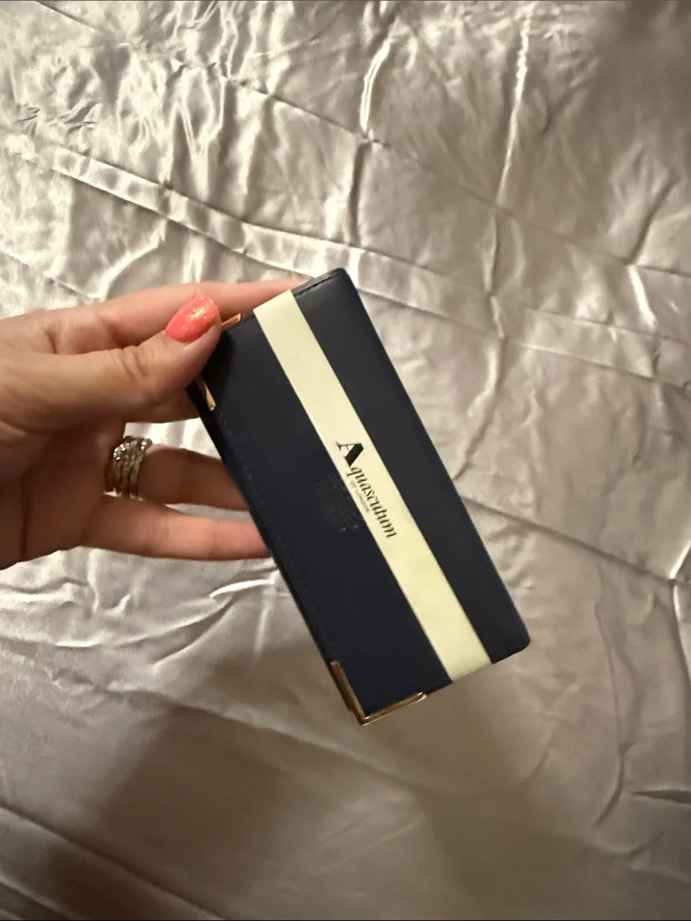 Aquascutum London Navy Leather Key Case with Cream Stripe and Gold Accents